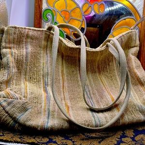 Pristine Vintage 70s Cream, Tan and Rainbow Fabric Shoulder Bag with Pocket